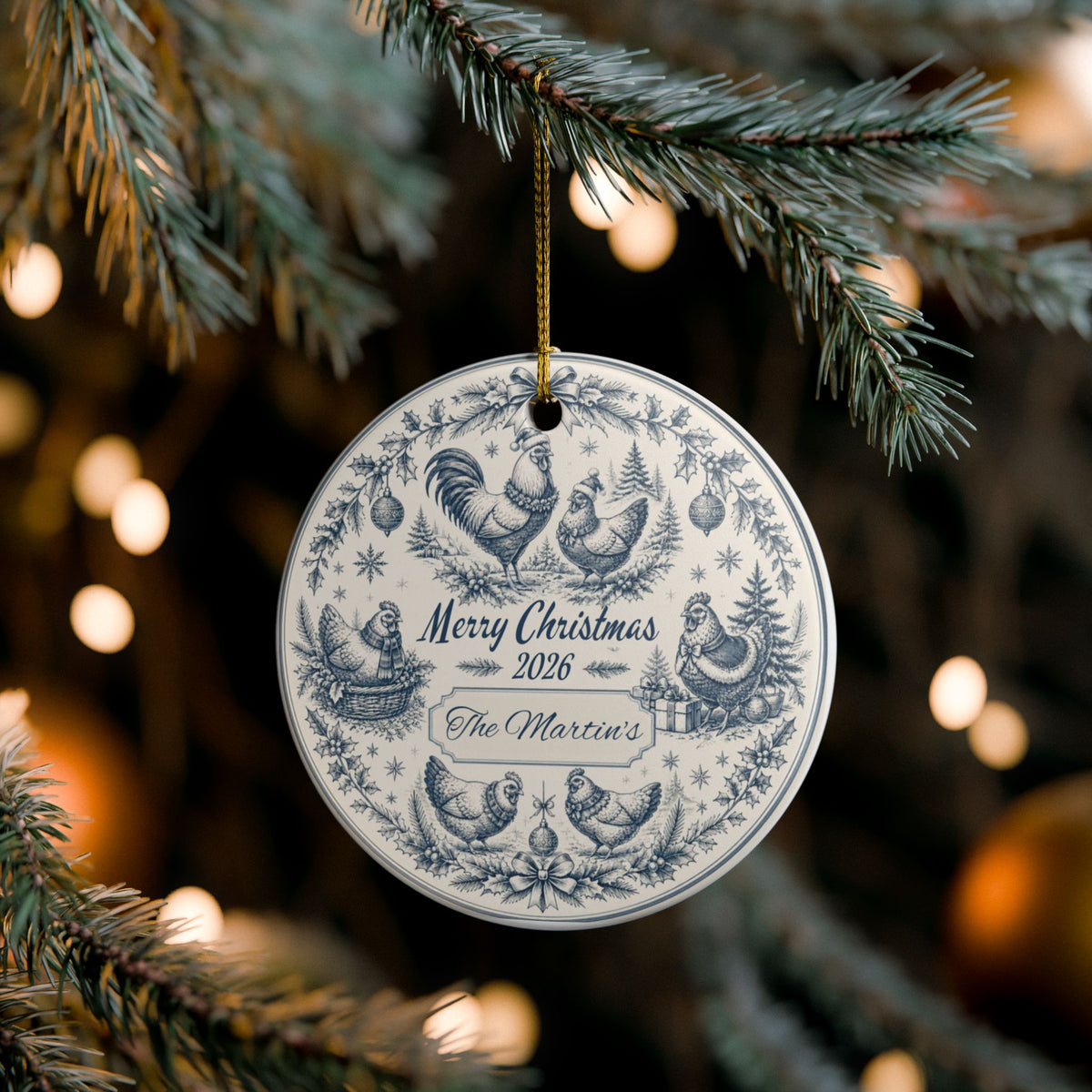 Personalized Blue Toile Christmas Ornament, Custom Family Name Ornament, Chicken Decor, Vintage CottageCore Christmas, 2026 Keepsake