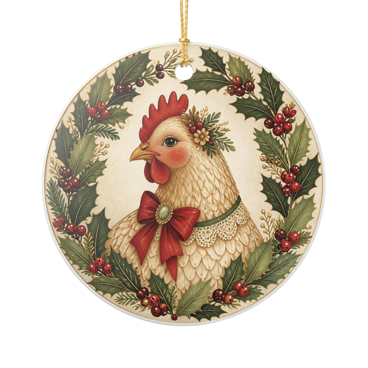 Holly Jolly Christmas Hen Ceramic Ornament for Chicken Lovers Gift