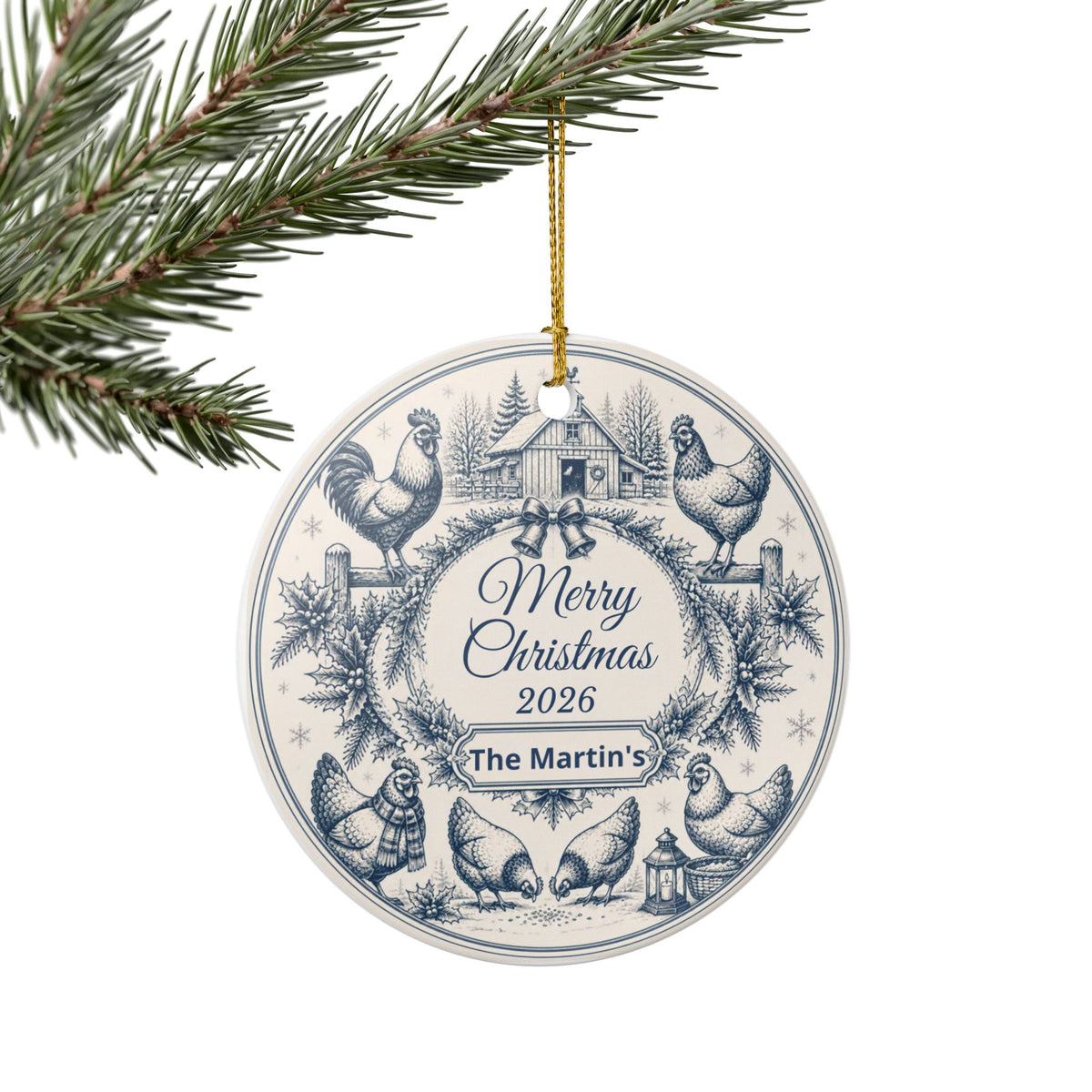 Personalized Blue Toile Christmas Ornament, Chicken Decor, Vintage CottageCore Christmas, 2026 Keepsake, Custom Family Name Ornament
