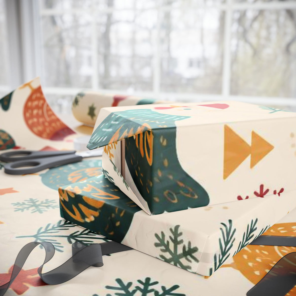 Folk Christmas Chicken Pattern Wrapping Paper | Floral Holiday Gift Wrap Roll