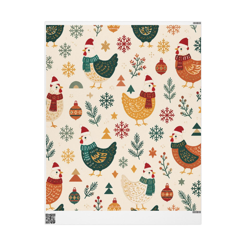 Folk Christmas Chicken Pattern Wrapping Paper | Floral Holiday Gift Wrap Roll
