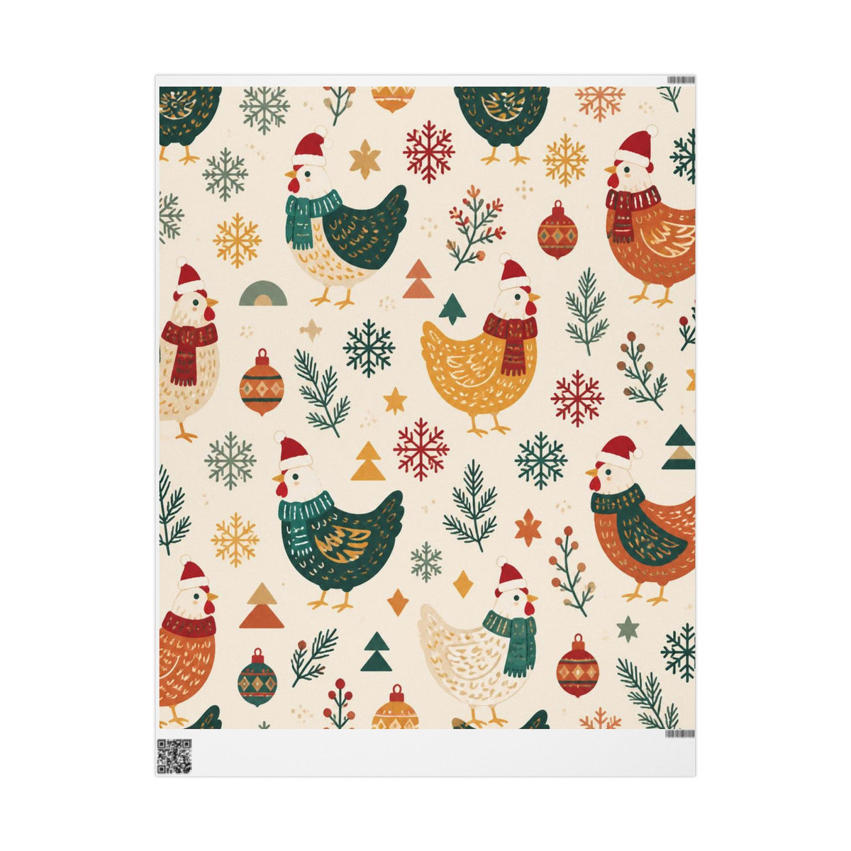 Folk Christmas Chicken Pattern Wrapping Paper | Floral Holiday Gift Wrap Roll