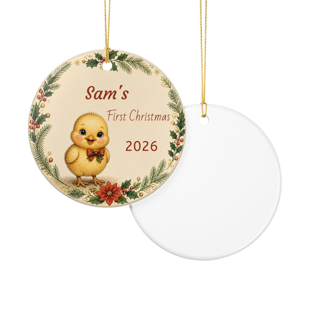 Personalized Baby's First Christmas Ornament, Custom Name And Year, Chicken Family Ornament, Chick, New Baby Christmas Gift