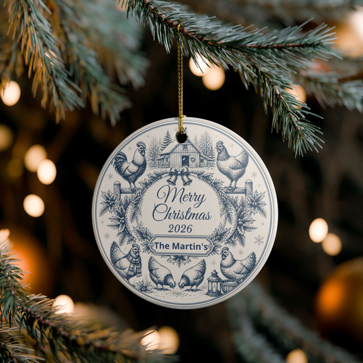 Personalized Blue Toile Christmas Ornament, Chicken Decor, Vintage CottageCore Christmas, 2026 Keepsake, Custom Family Name Ornament