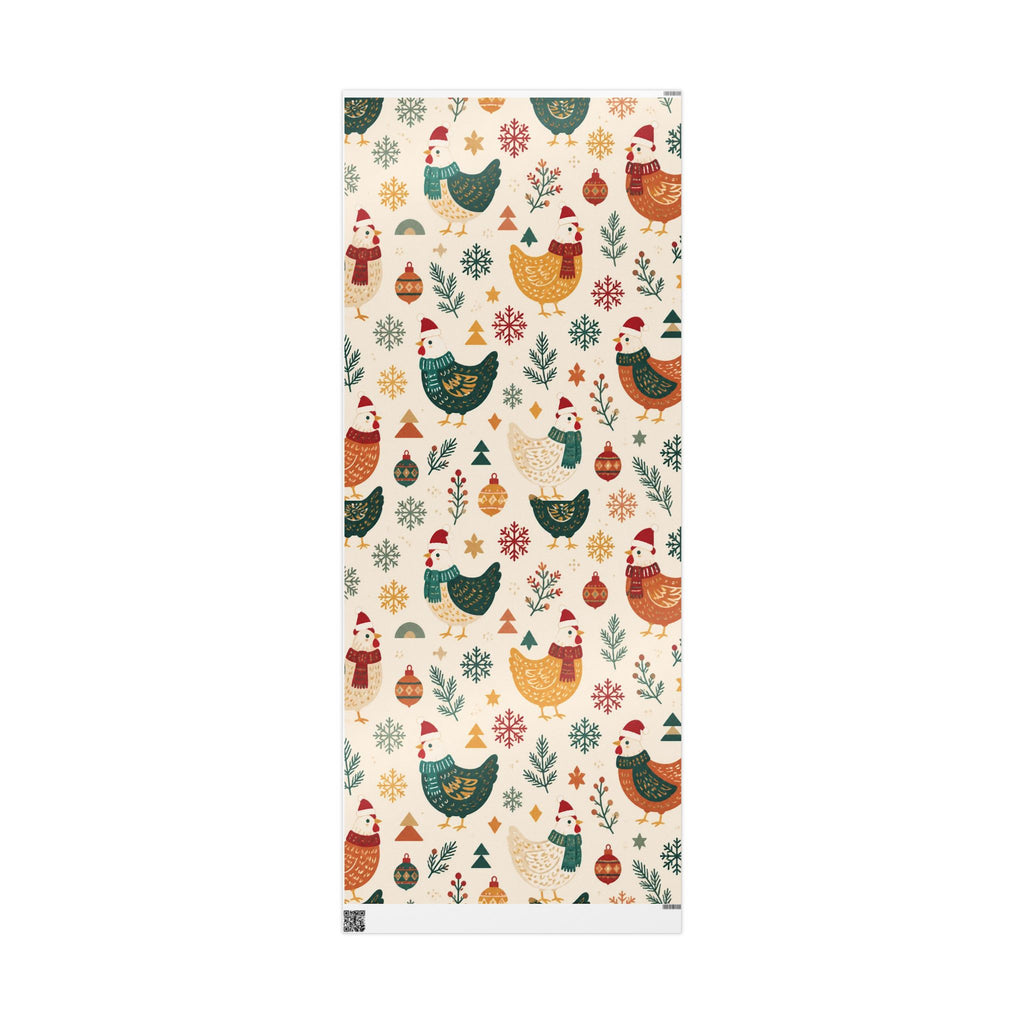 Folk Christmas Chicken Pattern Wrapping Paper | Floral Holiday Gift Wrap Roll