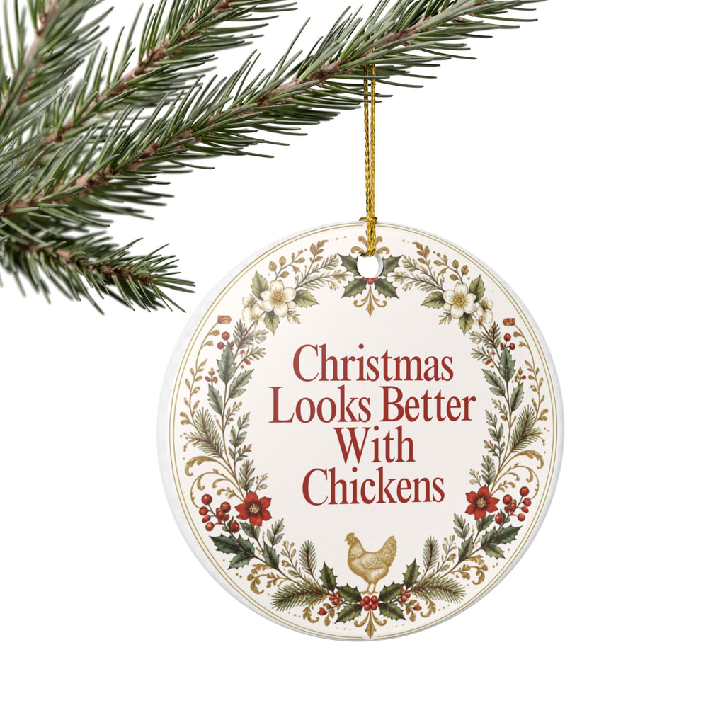 Chicken Christmas Ornament, Christmas Looks Better With Chickens, Ceramic Hen Ornament