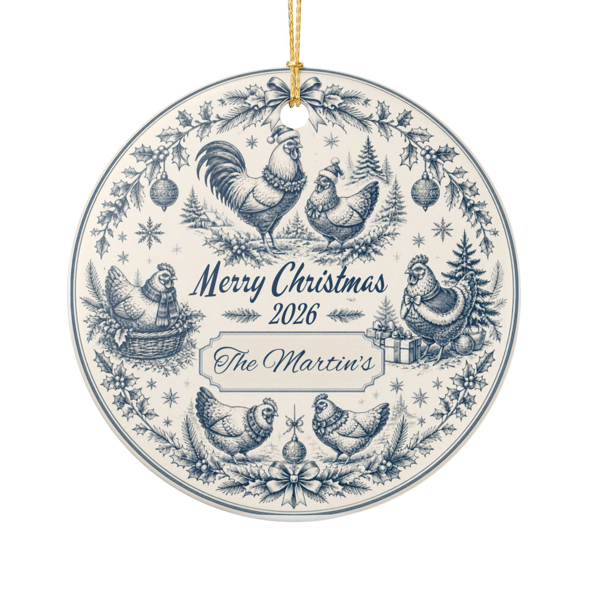 Personalized Blue Toile Christmas Ornament, Custom Family Name Ornament, Chicken Decor, Vintage CottageCore Christmas, 2026 Keepsake