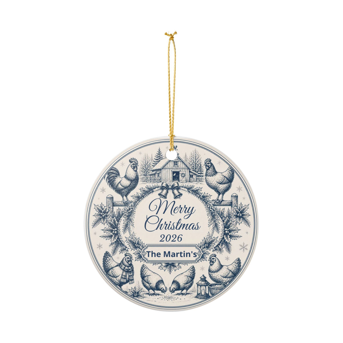 Personalized Blue Toile Christmas Ornament, Chicken Decor, Vintage CottageCore Christmas, 2026 Keepsake, Custom Family Name Ornament