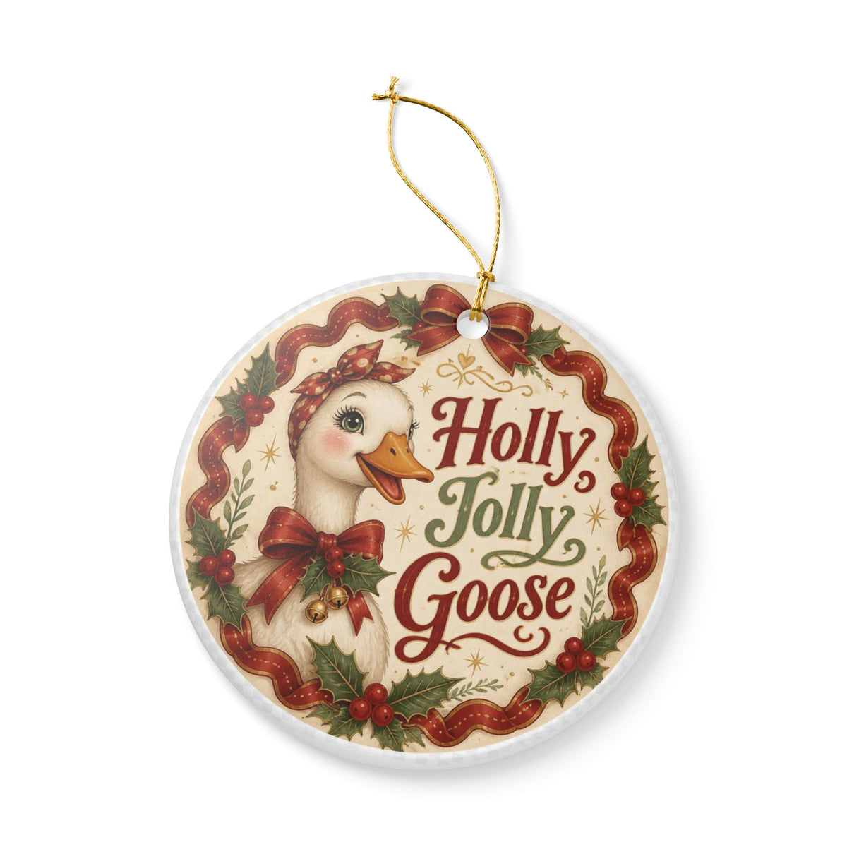 Christmas Goose Holly Jolly Ceramic Christmas Ornament Elegant and Vintage Look