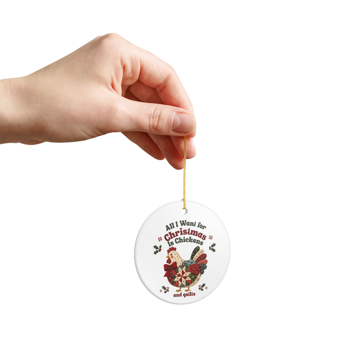 Chicken Christmas Ornament, Quilter Christmas Ornament, Chickens and Quilts Ceramic Ornament, Quilt or Chicken Lover Gift