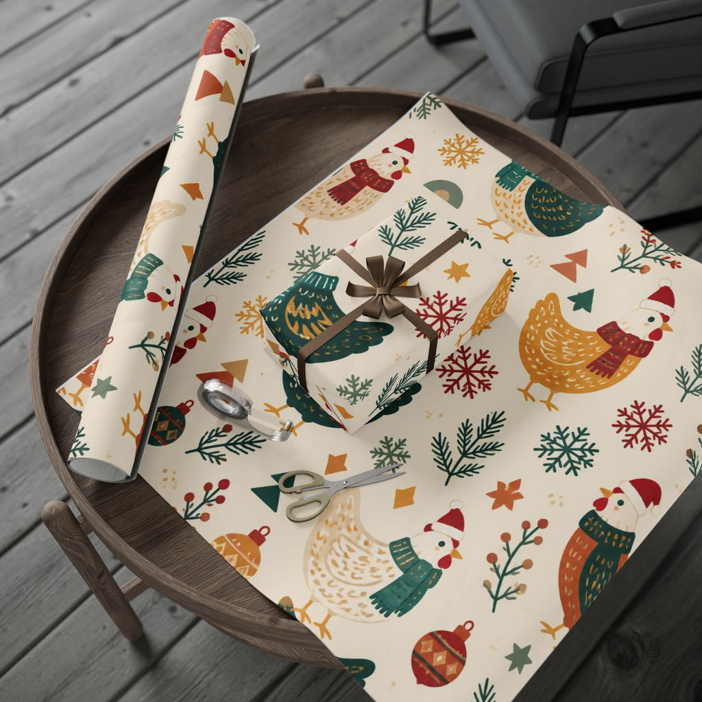 Folk Christmas Chicken Pattern Wrapping Paper | Floral Holiday Gift Wrap Roll