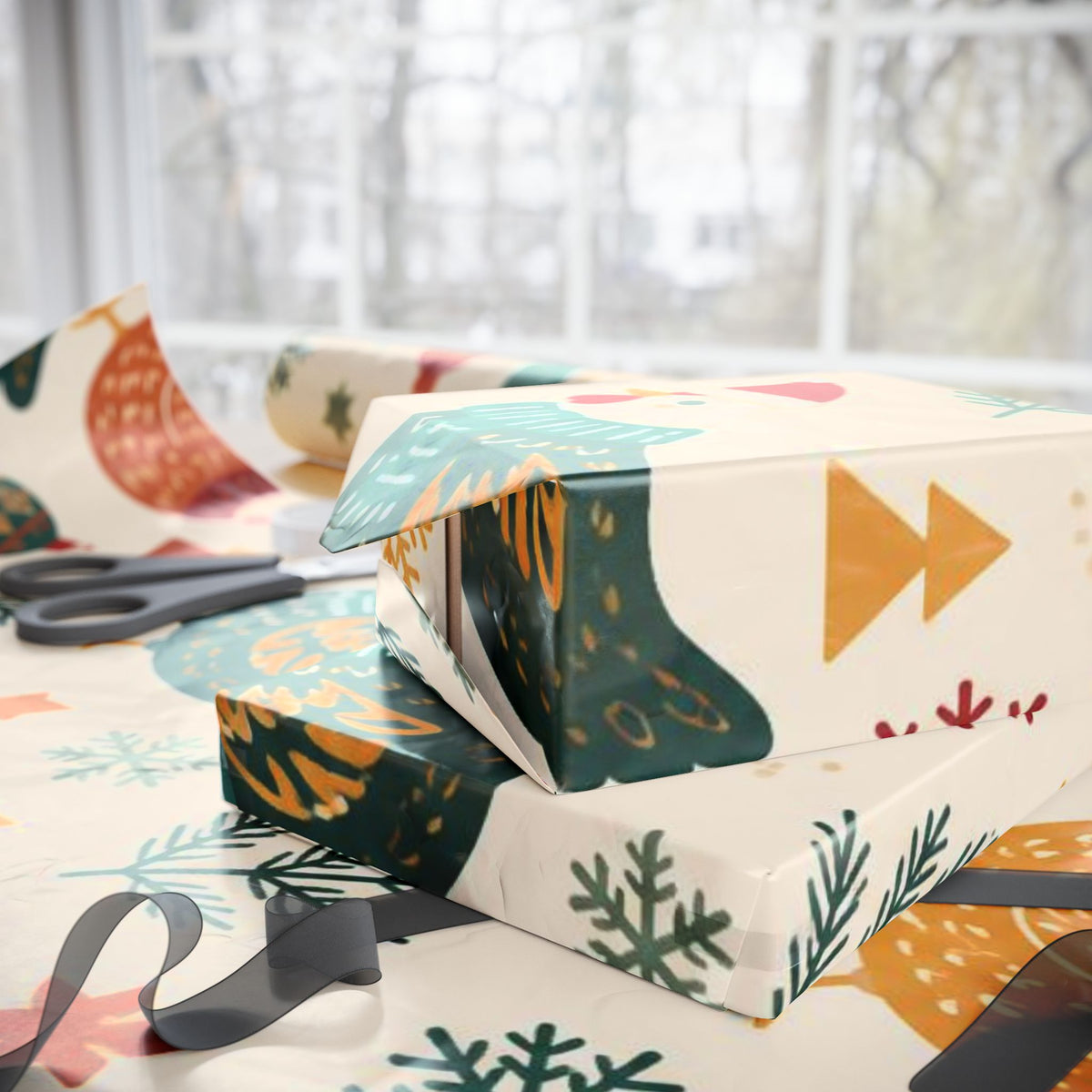Folk Christmas Chicken Pattern Wrapping Paper | Floral Holiday Gift Wrap Roll
