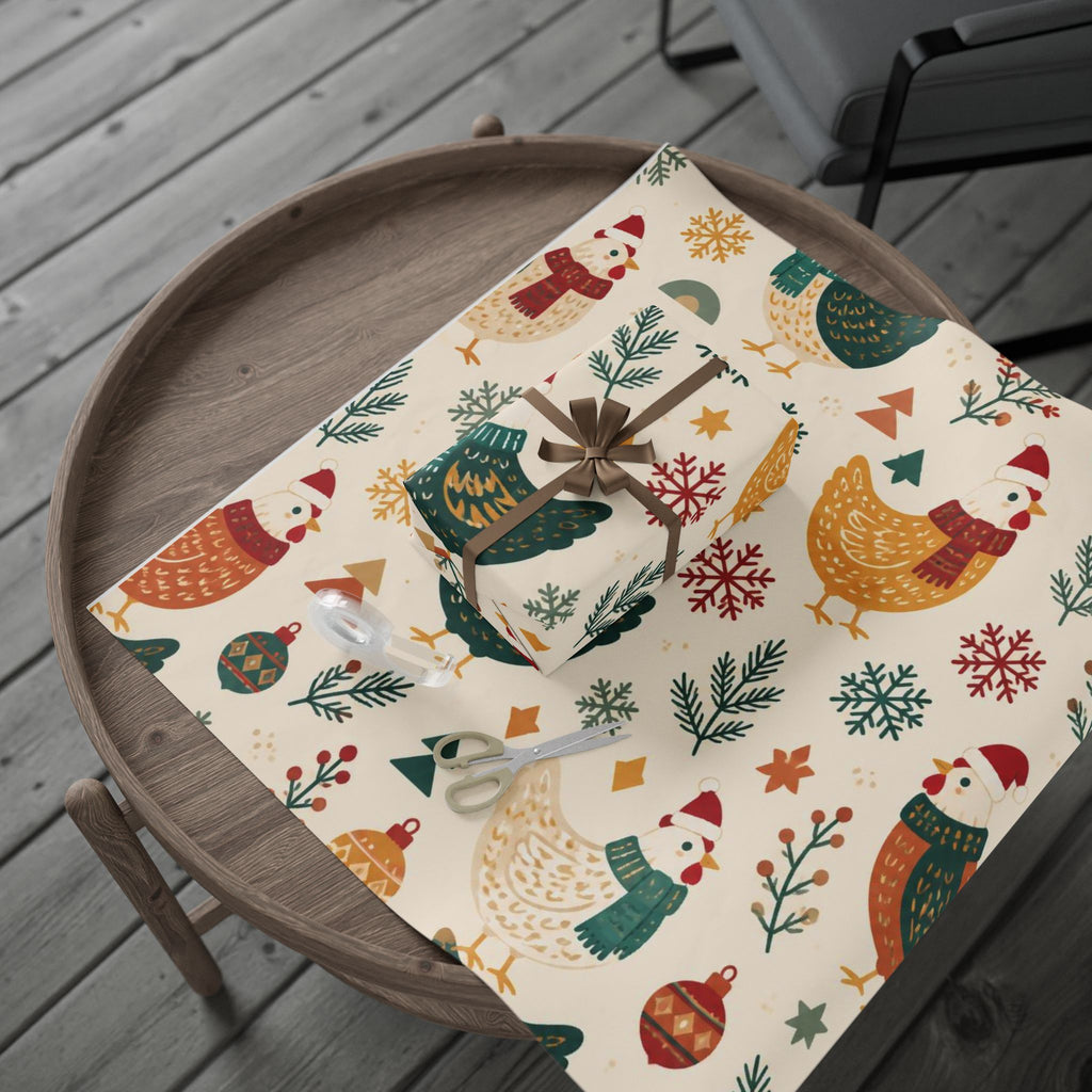 Folk Christmas Chicken Pattern Wrapping Paper | Floral Holiday Gift Wrap Roll