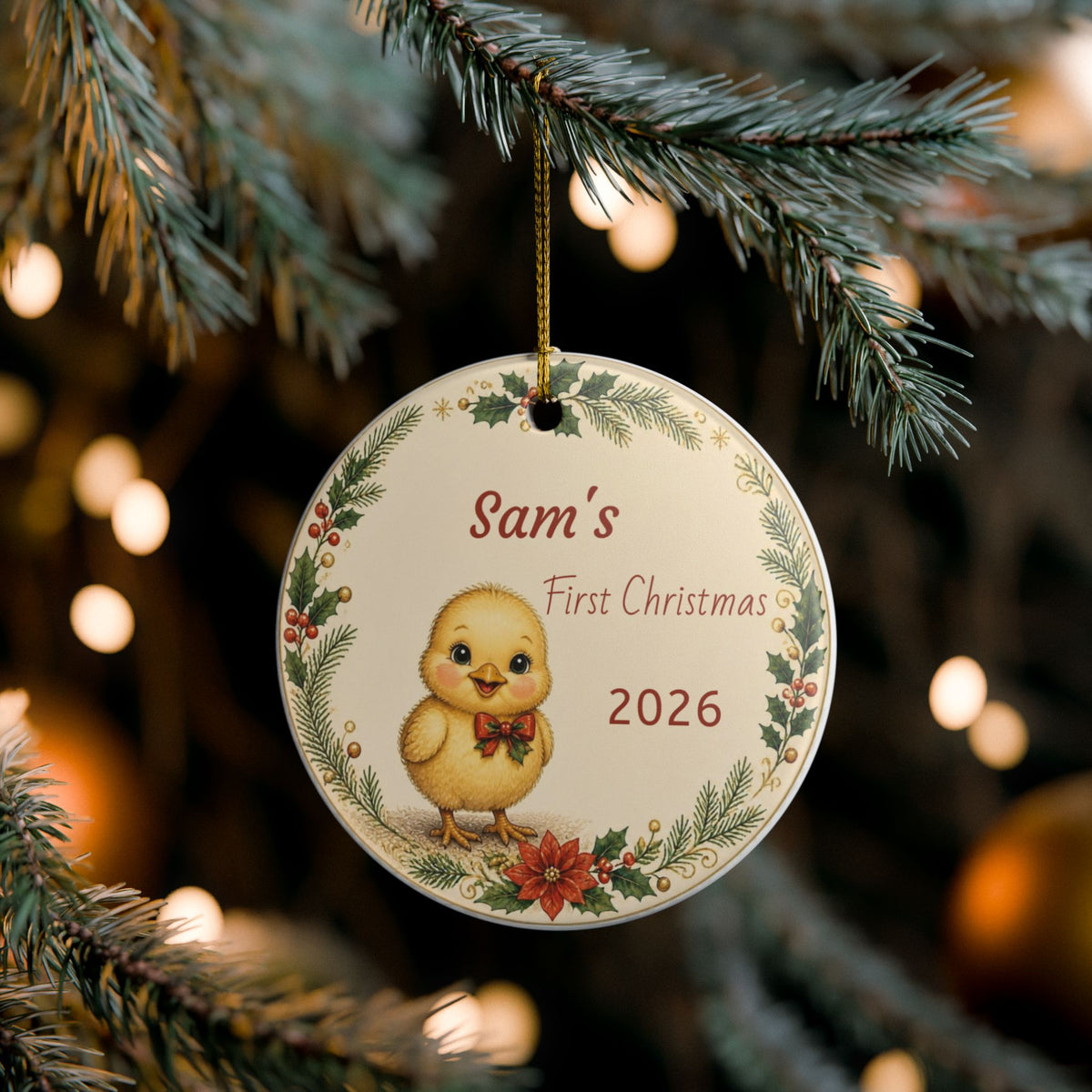 Personalized Baby's First Christmas Ornament, Custom Name And Year, Chicken Family Ornament, Chick, New Baby Christmas Gift