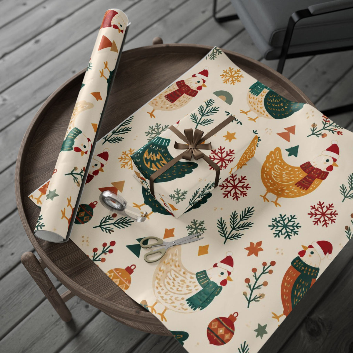 Folk Christmas Chicken Pattern Wrapping Paper | Floral Holiday Gift Wrap Roll