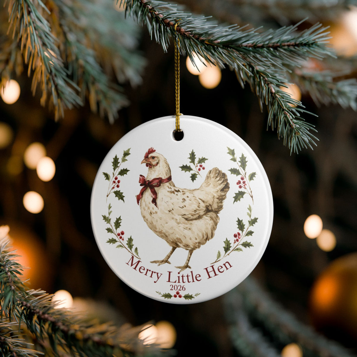 Chicken Christmas Ornament, Merry Little Hen Ceramic Ornament, Cottage Christmas Decor, Chicken Lover Gift, 2026 Keepsake