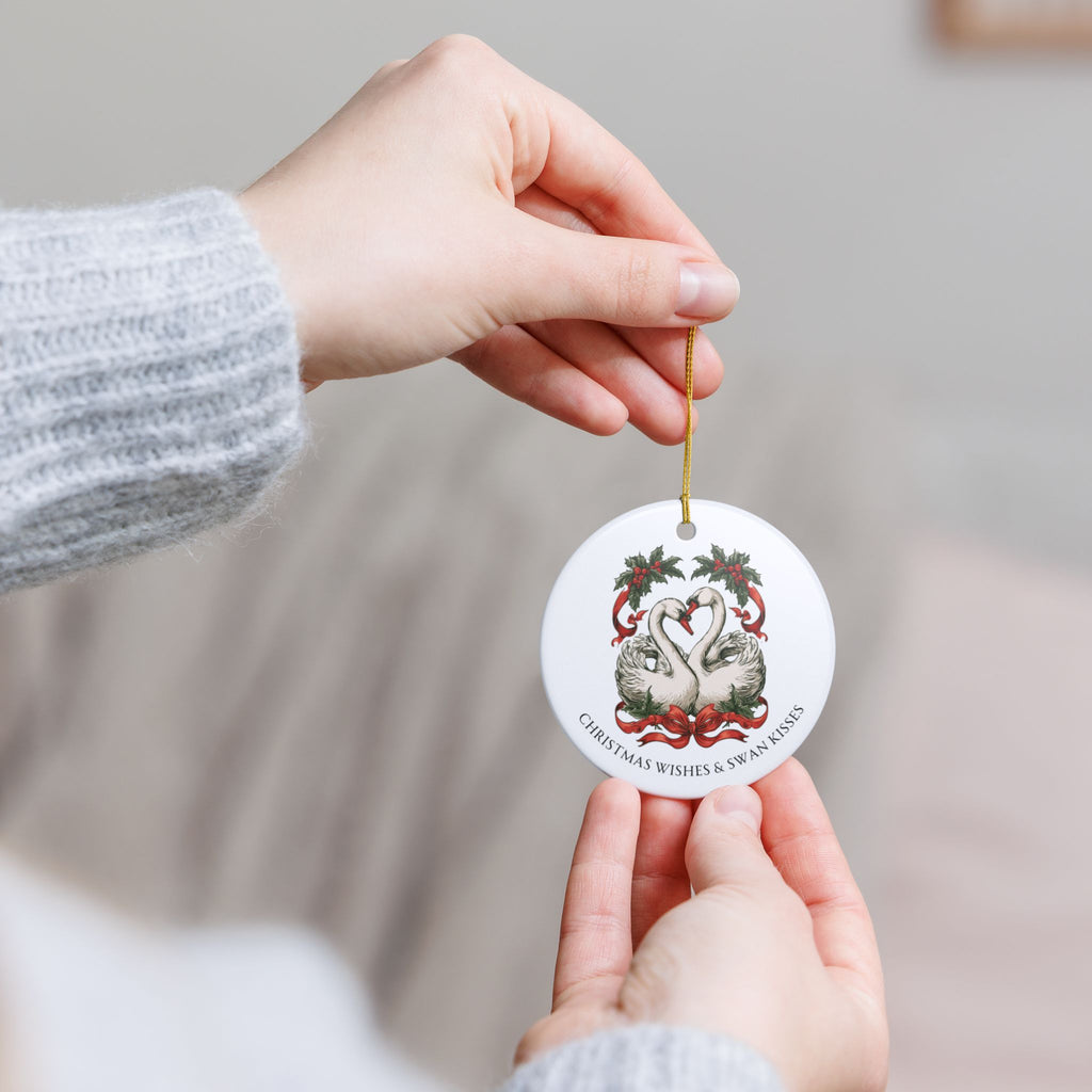 Christmas Wishes and Swan Kisses Ceramic Christmas Ornament Elegant and Vintage Look