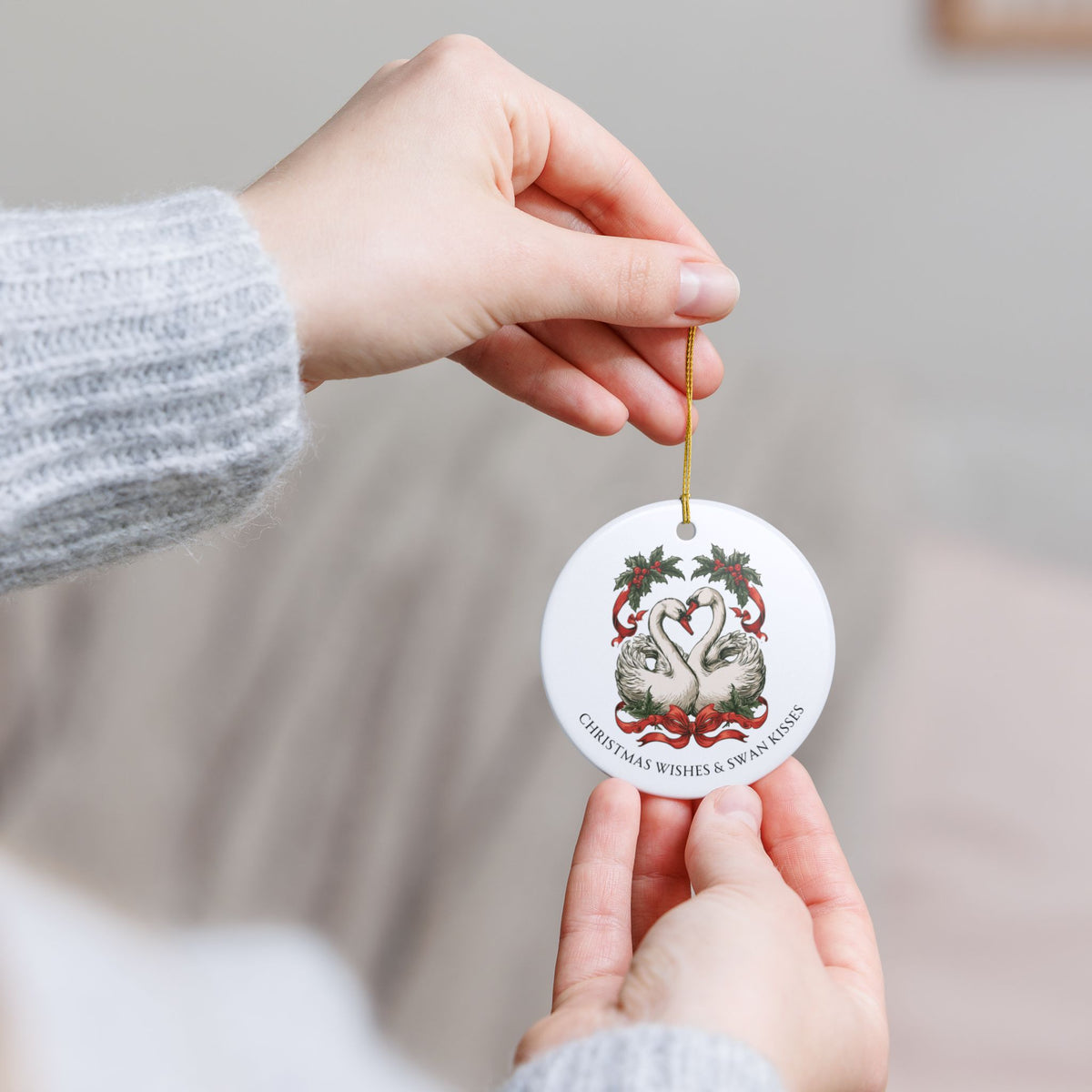 Christmas Wishes and Swan Kisses Ceramic Christmas Ornament Elegant and Vintage Look
