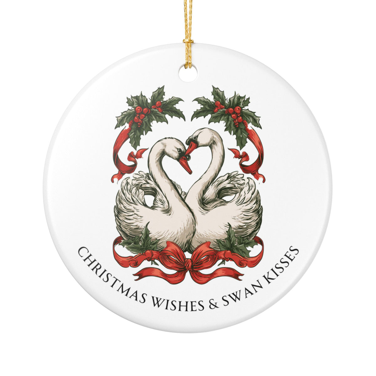 Christmas Wishes and Swan Kisses Ceramic Christmas Ornament Elegant and Vintage Look