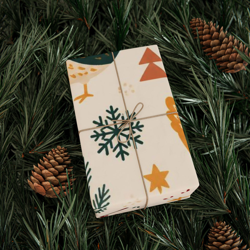 Folk Christmas Chicken Pattern Wrapping Paper | Floral Holiday Gift Wrap Roll