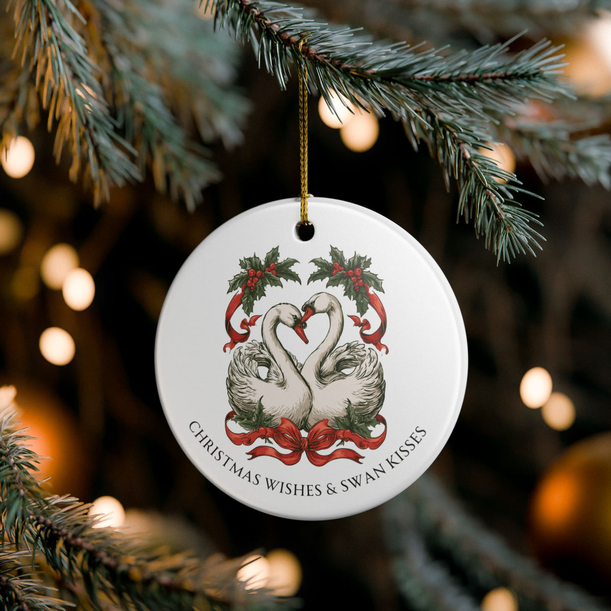 Christmas Wishes and Swan Kisses Ceramic Christmas Ornament Elegant and Vintage Look