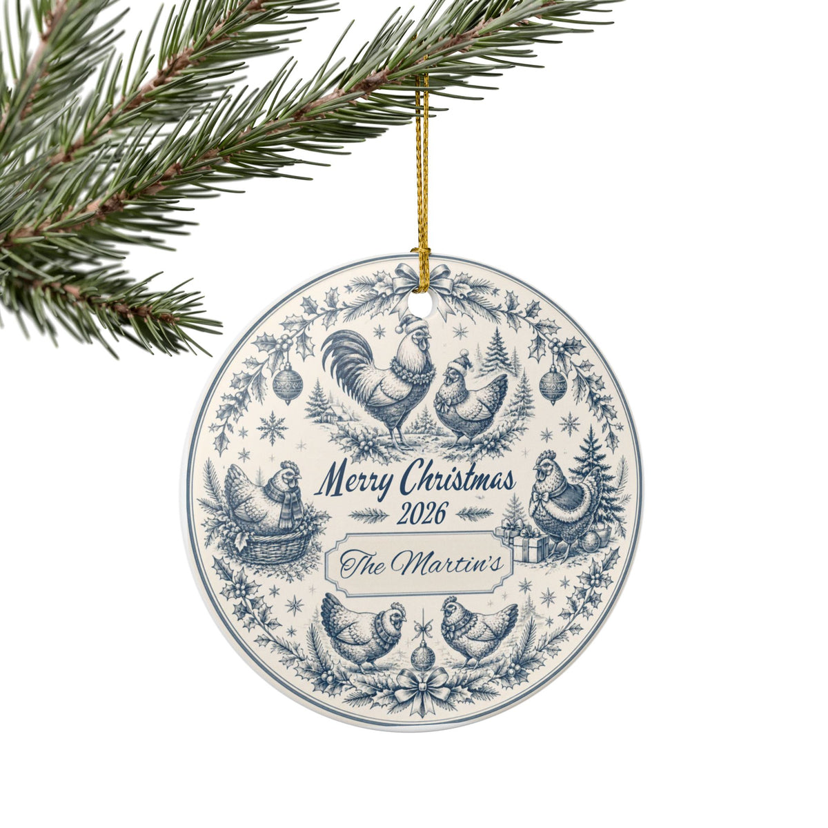 Personalized Blue Toile Christmas Ornament, Custom Family Name Ornament, Chicken Decor, Vintage CottageCore Christmas, 2026 Keepsake