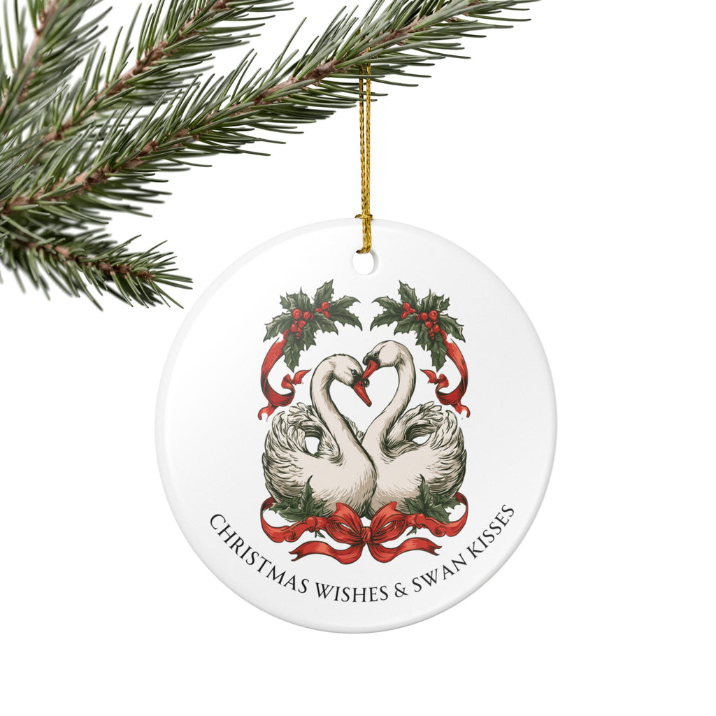 Christmas Wishes and Swan Kisses Ceramic Christmas Ornament Elegant and Vintage Look