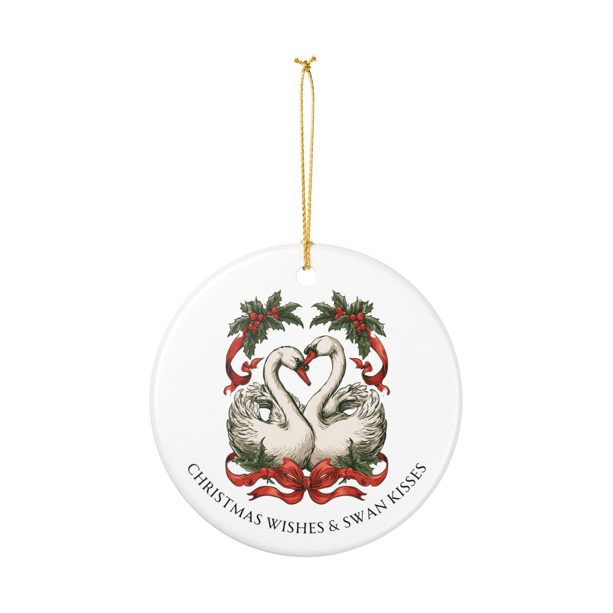 Christmas Wishes and Swan Kisses Ceramic Christmas Ornament Elegant and Vintage Look