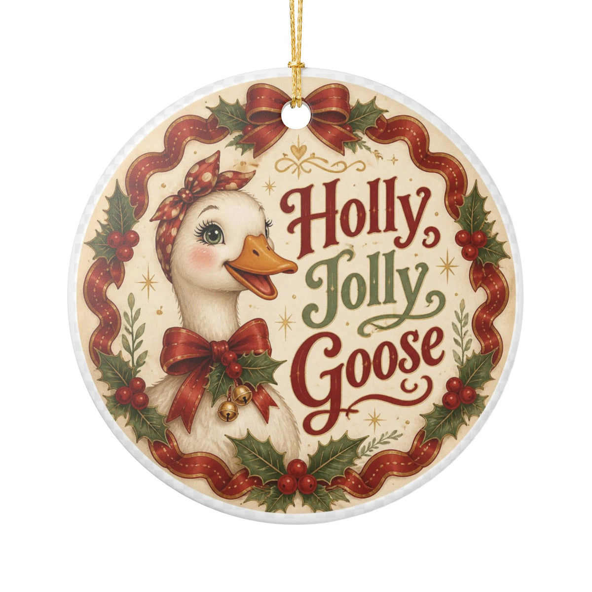 Christmas Goose Holly Jolly Ceramic Christmas Ornament Elegant and Vintage Look
