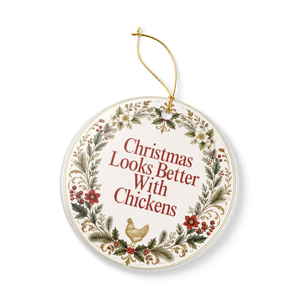 Chicken Christmas Ornament, Christmas Looks Better With Chickens, Ceramic Hen Ornament