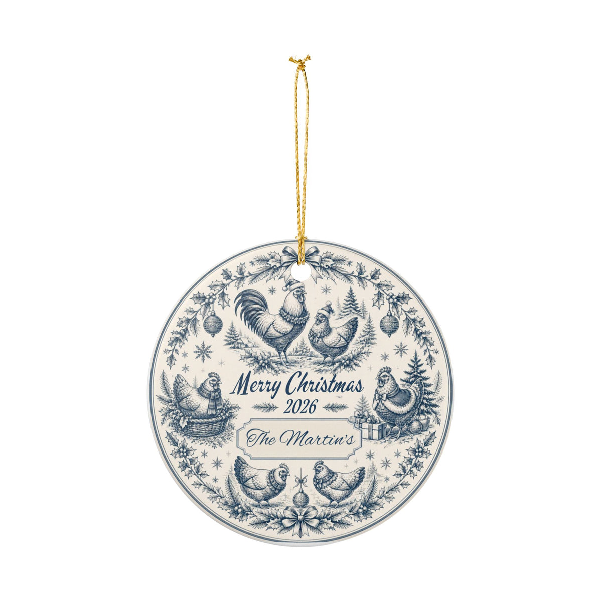 Personalized Blue Toile Christmas Ornament, Custom Family Name Ornament, Chicken Decor, Vintage CottageCore Christmas, 2026 Keepsake