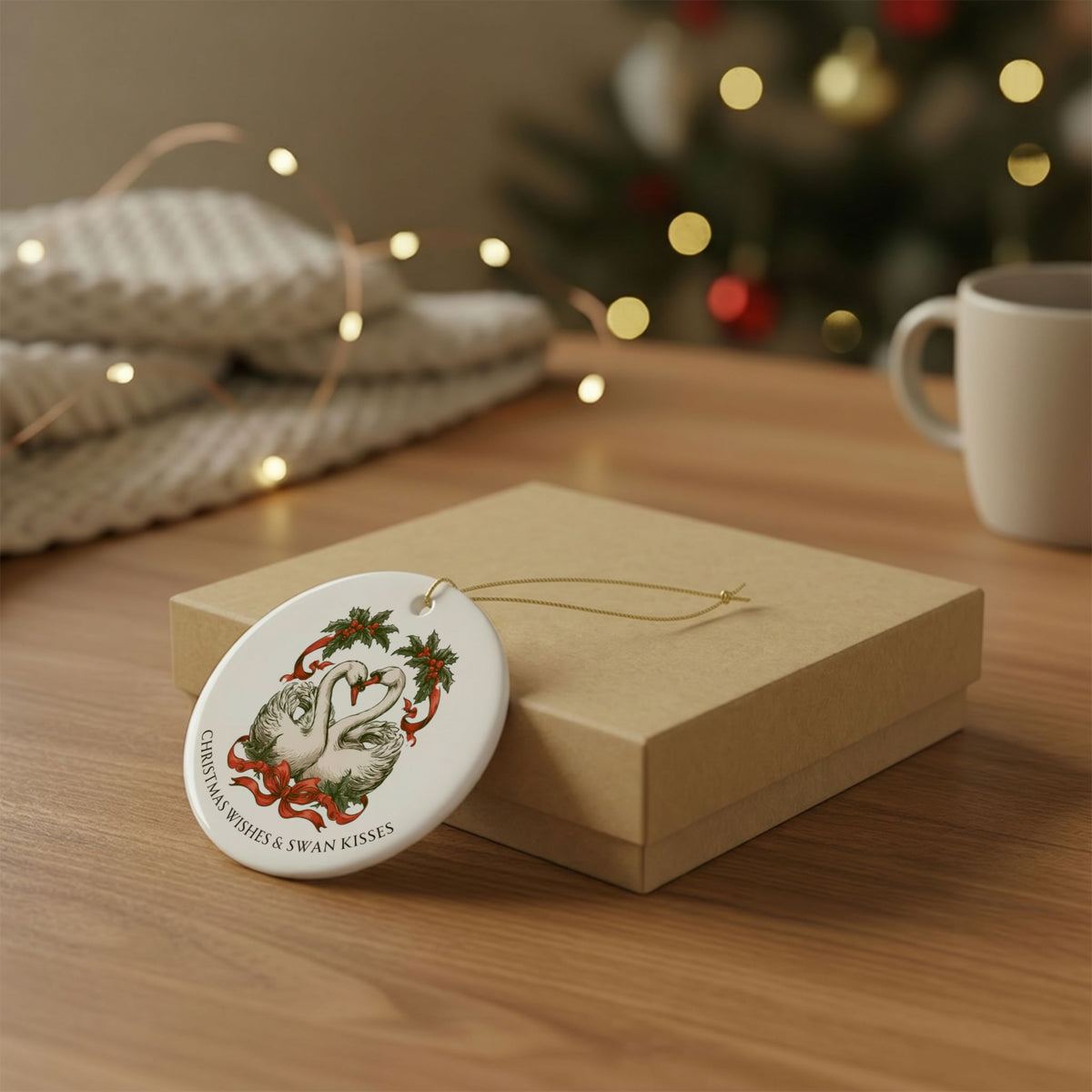 Christmas Wishes and Swan Kisses Ceramic Christmas Ornament Elegant and Vintage Look