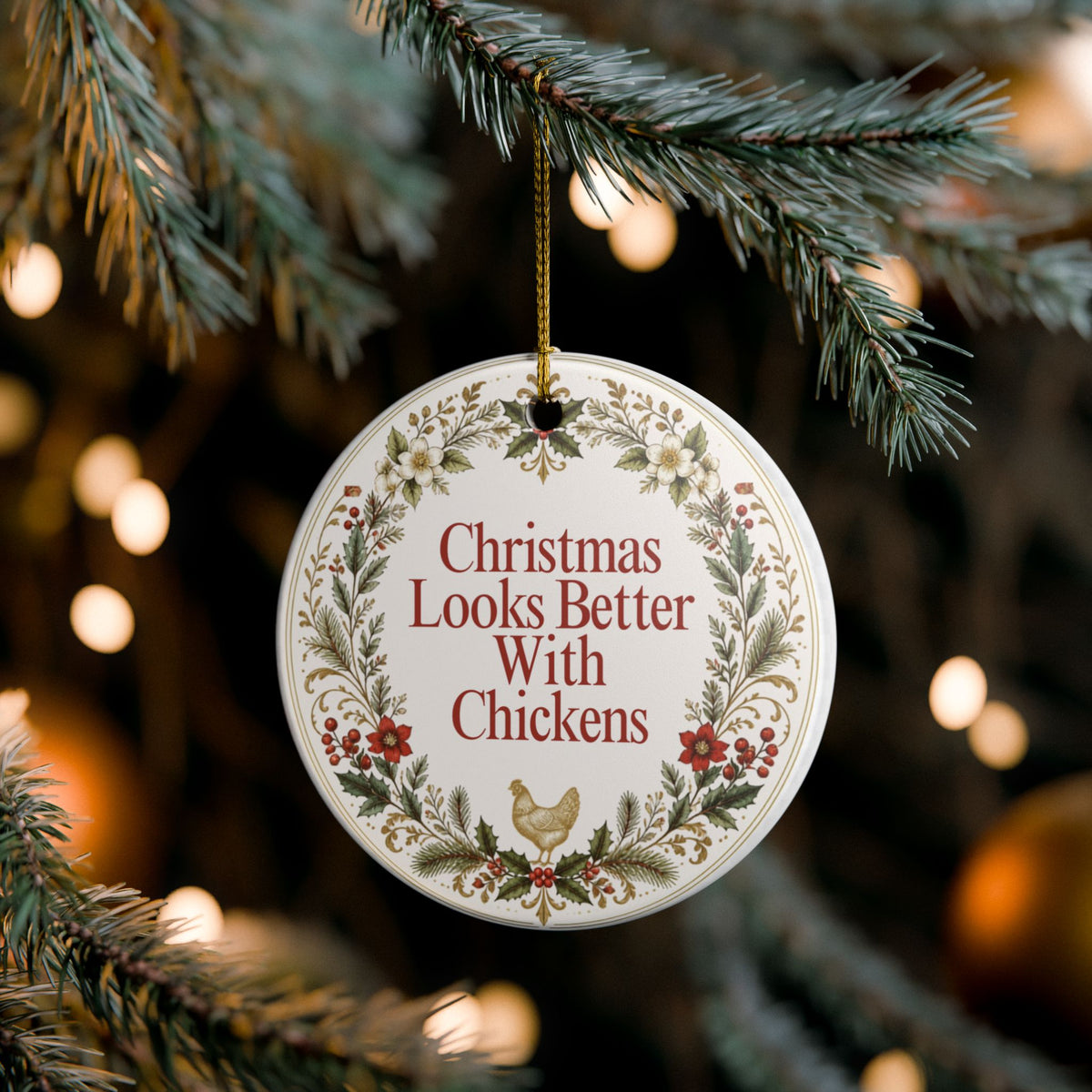 Chicken Christmas Ornament, Christmas Looks Better With Chickens, Ceramic Hen Ornament