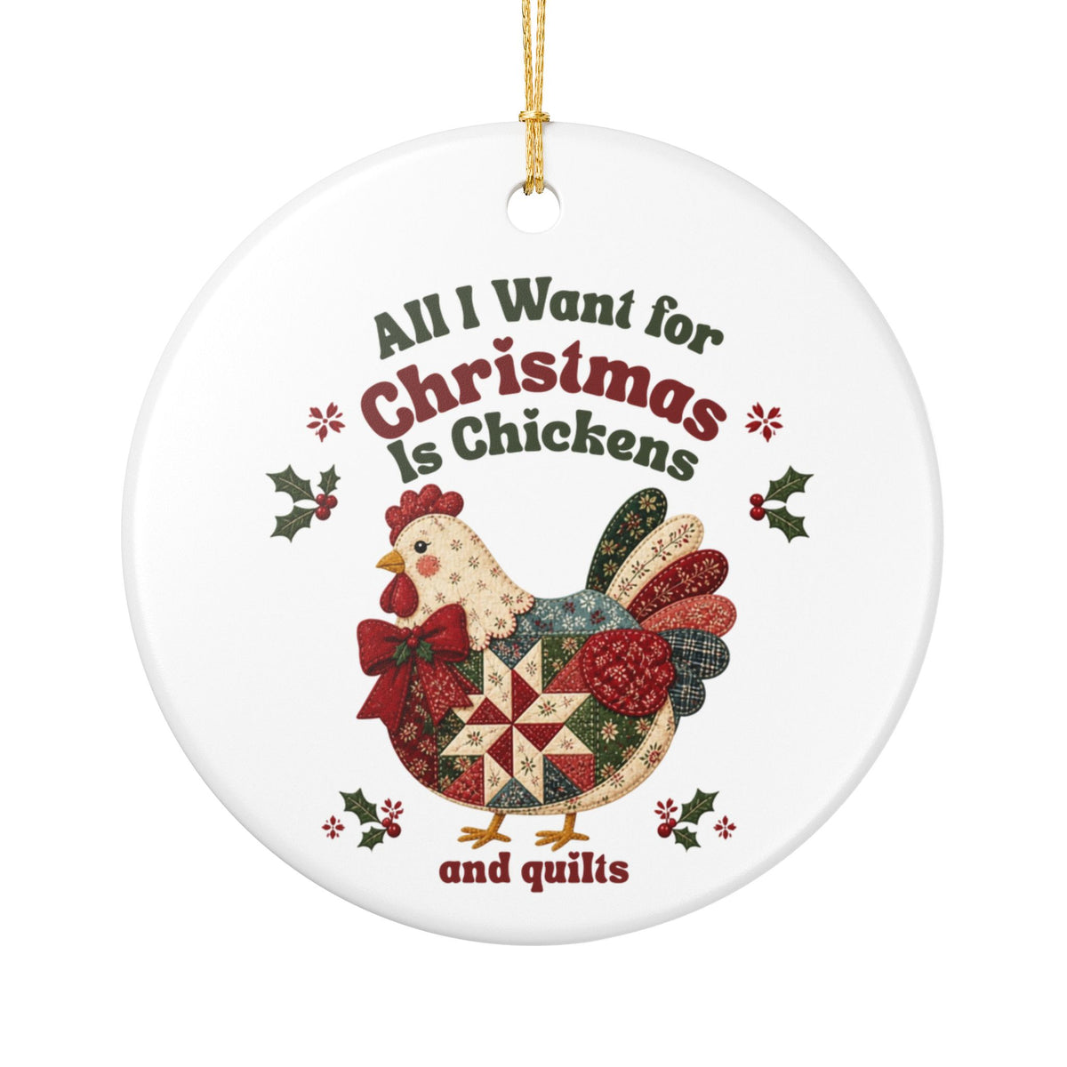 Chicken Christmas Ornament, Quilter Christmas Ornament, Chickens and Quilts Ceramic Ornament, Quilt or Chicken Lover Gift