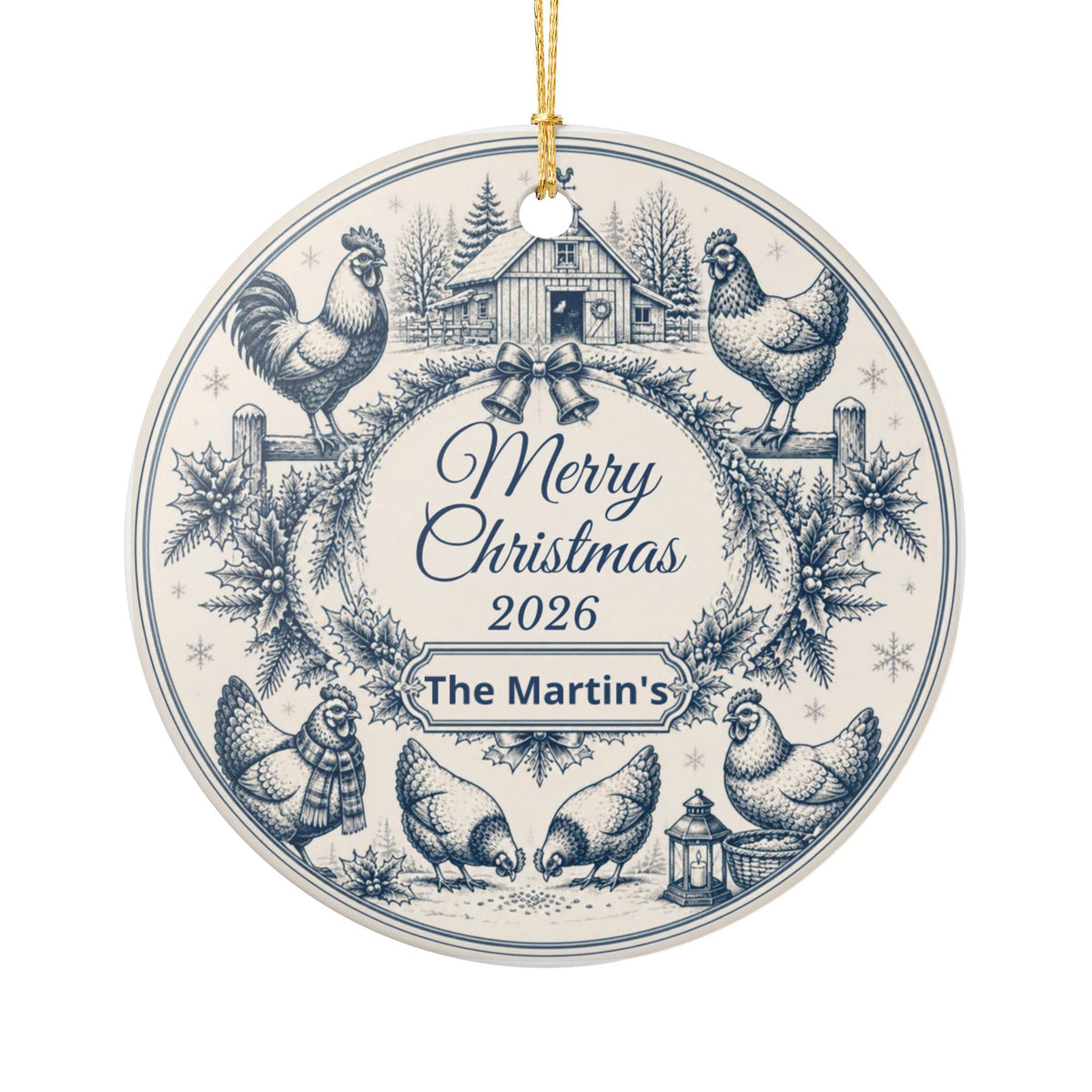Personalized Blue Toile Christmas Ornament, Chicken Decor, Vintage CottageCore Christmas, 2026 Keepsake, Custom Family Name Ornament