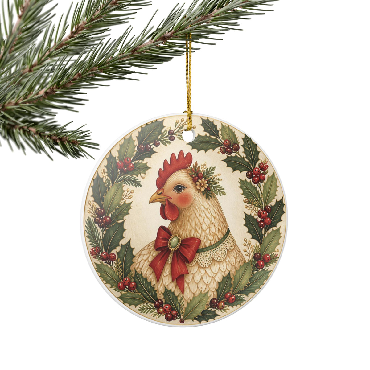 Holly Jolly Christmas Hen Ceramic Ornament for Chicken Lovers Gift