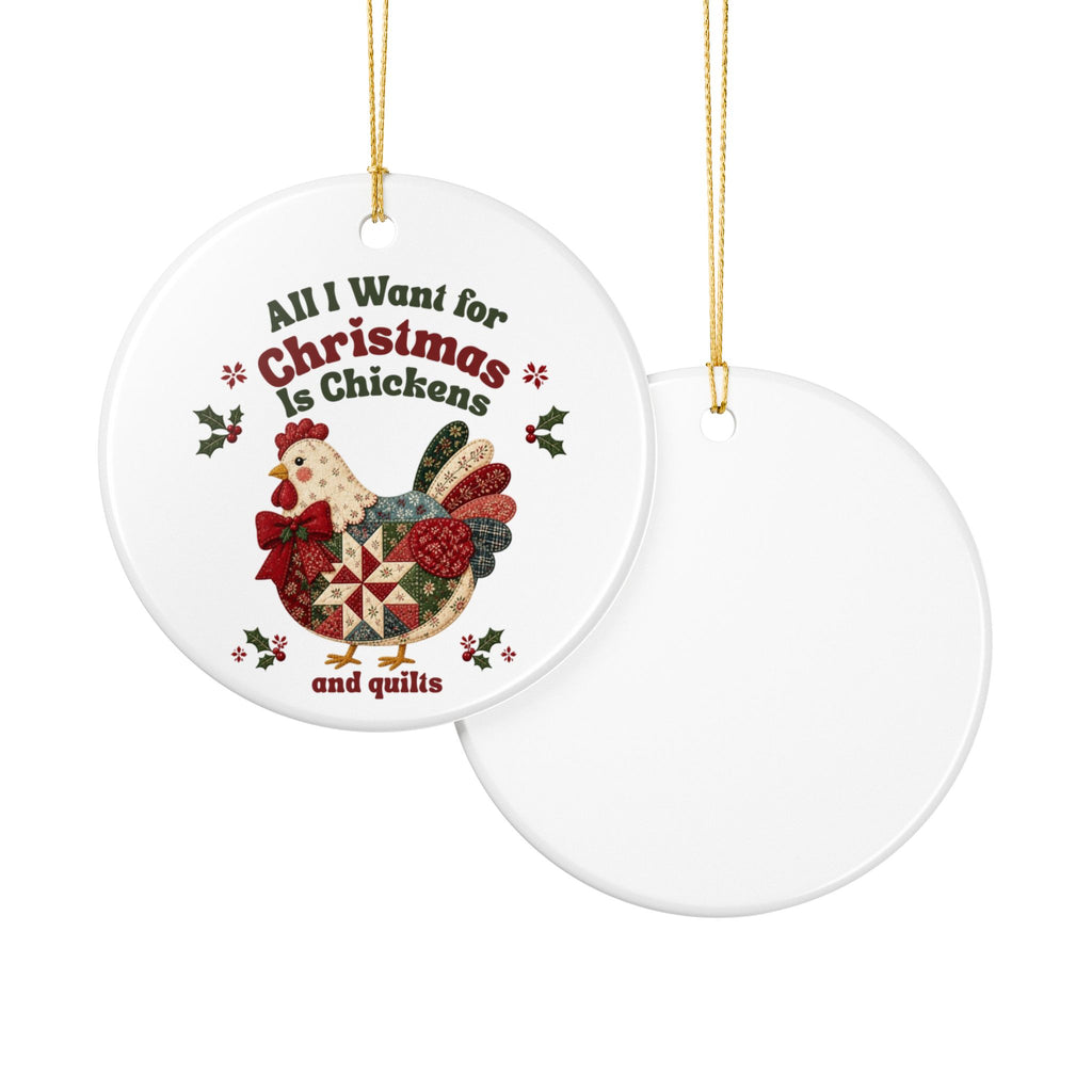 Chicken Christmas Ornament, Quilter Christmas Ornament, Chickens and Quilts Ceramic Ornament, Quilt or Chicken Lover Gift