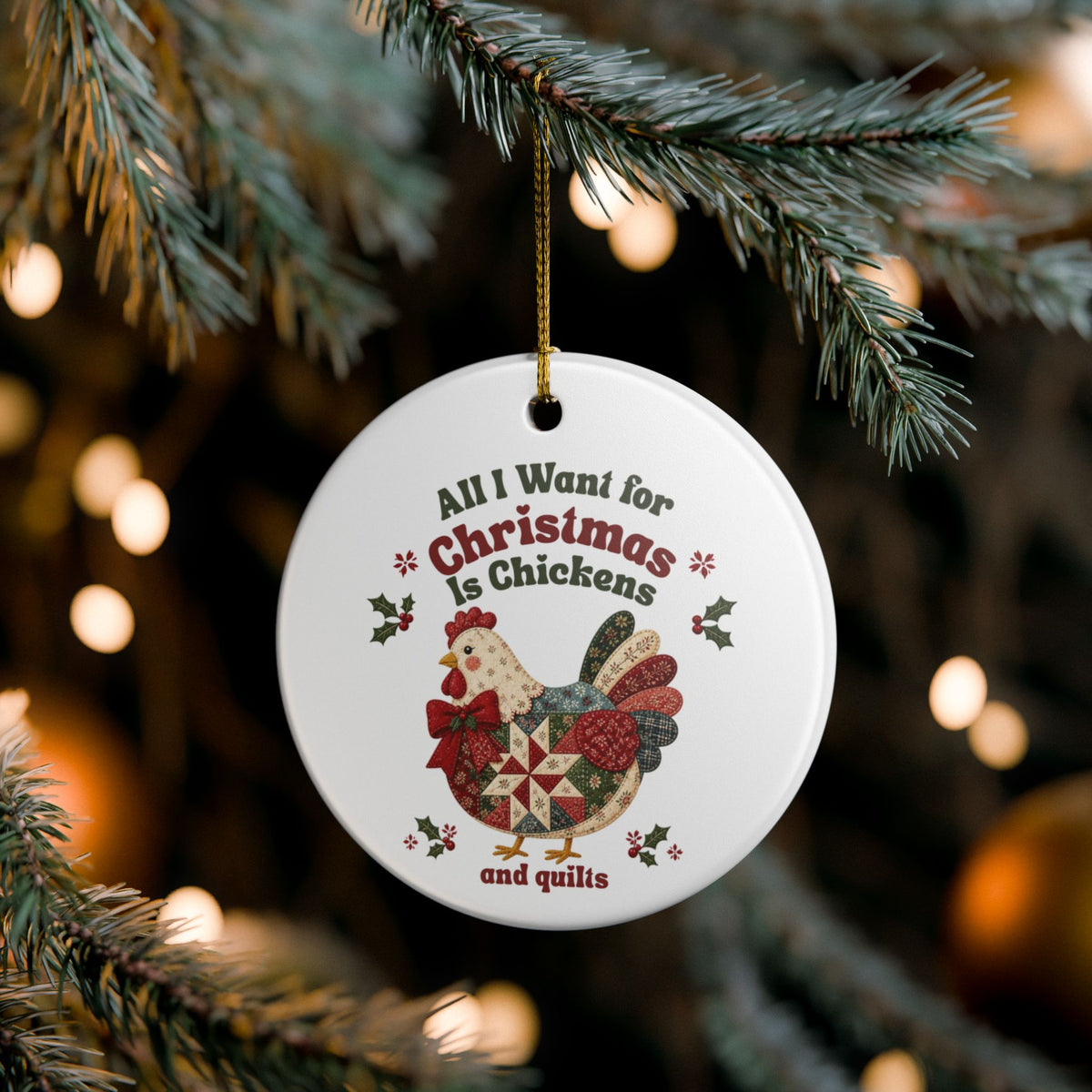 Chicken Christmas Ornament, Quilter Christmas Ornament, Chickens and Quilts Ceramic Ornament, Quilt or Chicken Lover Gift