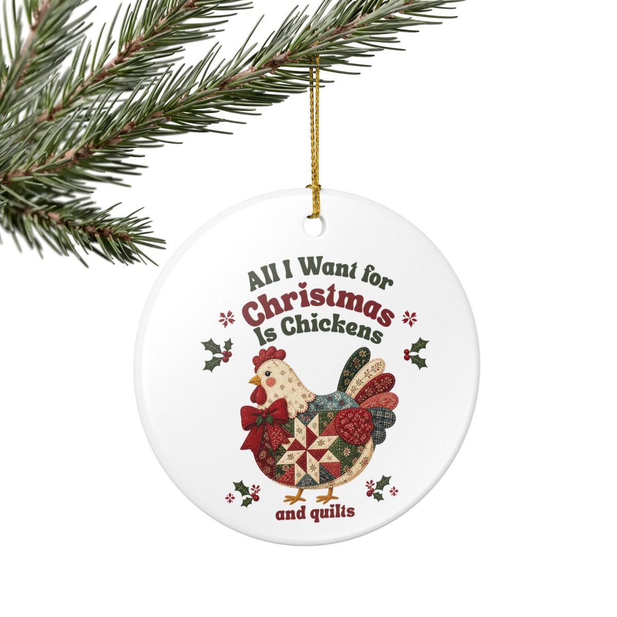Chicken Christmas Ornament, Quilter Christmas Ornament, Chickens and Quilts Ceramic Ornament, Quilt or Chicken Lover Gift