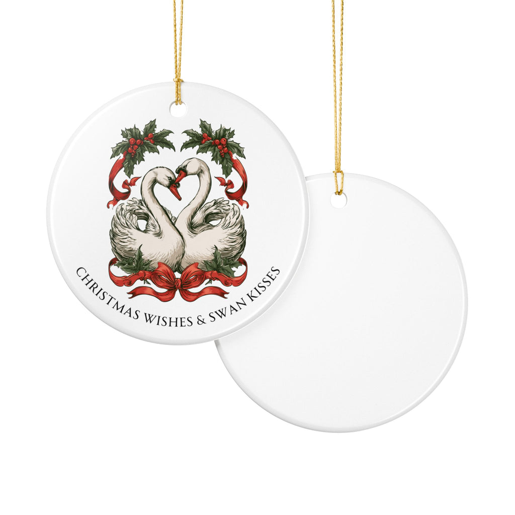 Christmas Wishes and Swan Kisses Ceramic Christmas Ornament Elegant and Vintage Look