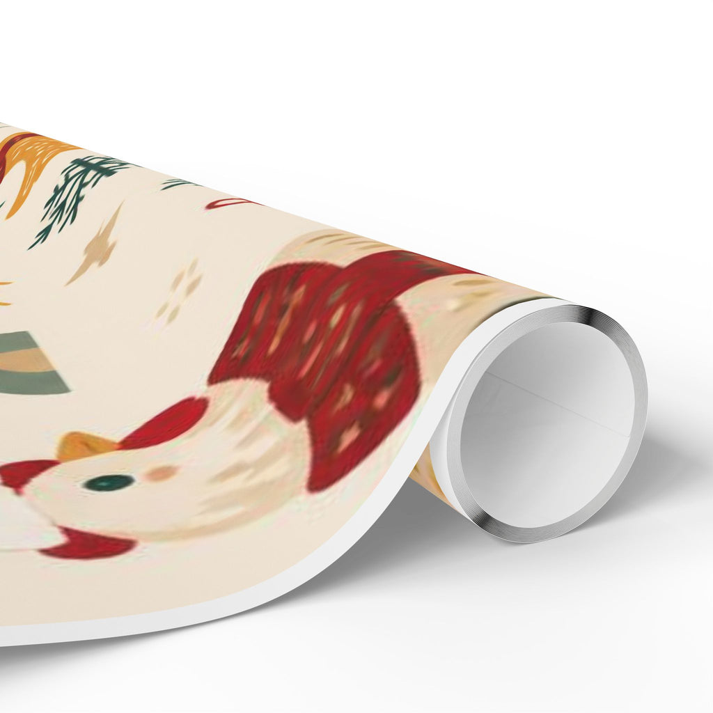 Folk Christmas Chicken Pattern Wrapping Paper | Floral Holiday Gift Wrap Roll